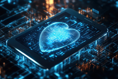 A glowing blue heart graphic appears on a smartphone, surrounded by intricate digital circuitry during nighttime.の写真素材