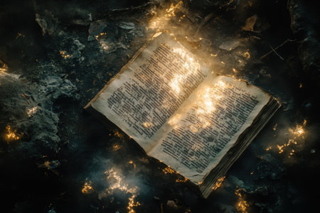 A book rests on charred ground, glowing with light from the embers and ashes surrounding it.の写真素材