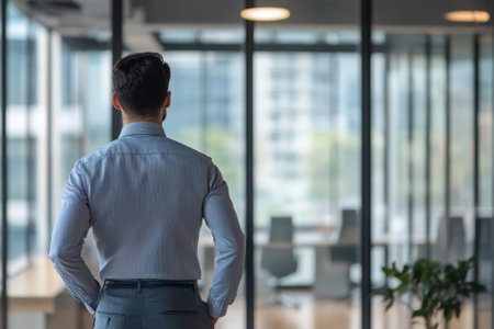 A man in a dress shirt stands in a modern office, thoughtfully gazing at the bright, spacious workspace.の写真素材