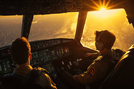 Two pilots operate the cockpit controls while watching a beautiful sunset from above the clouds.の写真素材