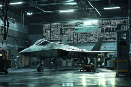 A sleek fighter jet is showcased in a modern hangar filled with screens and equipment, representing innovation.の写真素材