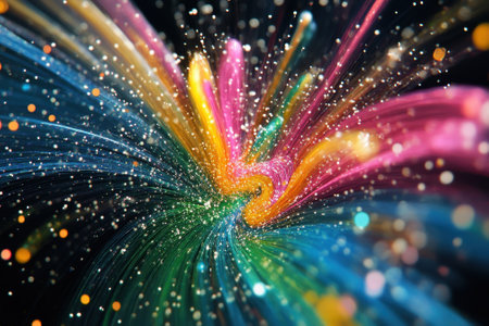 Brightly colored swirling patterns blend together with sparkling particles in a dark setting.の写真素材