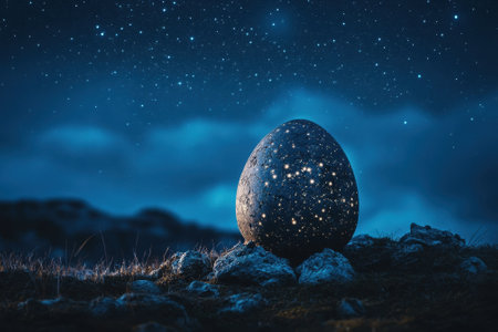 A large, luminous egg rests on a bed of rocks, illuminated by the starlit sky creating a mystical atmosphere.の写真素材