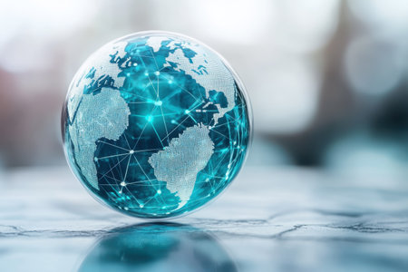 A glass globe illustrating continents and digital connections sits on a reflective surface in a modern setting.の写真素材