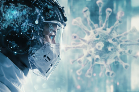 A medical professional in a protective suit examines a virtual model of a coronavirus in a futuristic lab.の写真素材