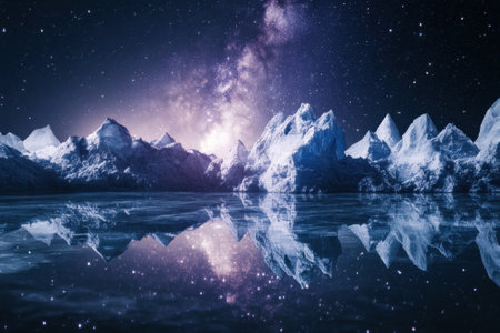 Bright stars twinkle above a stunning mountain range, with their reflection visible in the serene waters below.の写真素材