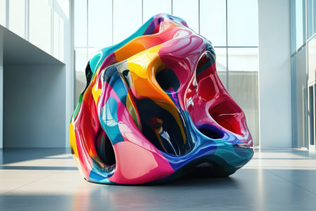 A large, vibrant sculpture with a fluid design captivates visitors in a spacious contemporary art gallery.の写真素材
