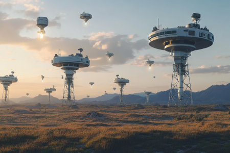 Floating platforms illuminated by lights hover over a landscape during sunset, surrounded by mountains.の写真素材