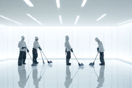 Four individuals in protective suits and masks use brooms to clean a sleek, brightly lit space.の写真素材