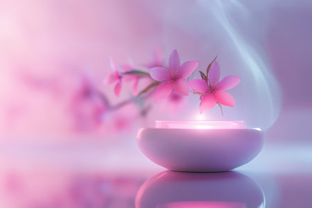 Delicate pink flowers emerge from a small bowl, releasing fragrant mist in a tranquil, soft-lit environment.の写真素材