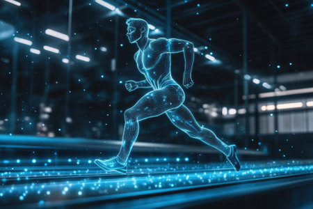 A digital figure runs energetically on a track illuminated by bright lights, capturing athleticism in motion.の写真素材