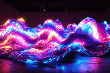 Vibrant waves of light create an immersive experience in a modern art gallery setting.の写真素材