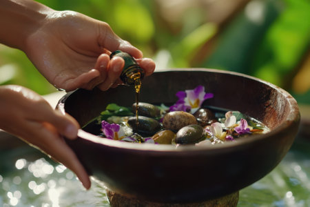 Hands gently pour essential oil into a bowl filled with stones and floating flowers in a peaceful outdoor environment.の写真素材