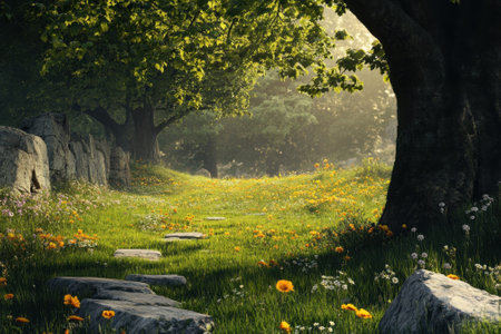 Sunlight filters through trees in a tranquil garden, highlighting wildflowers and a stone path.の写真素材