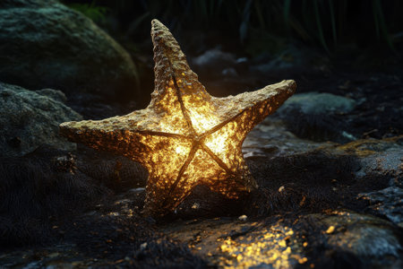 A star-shaped sculpture emits a warm glow, surrounded by rocks and natural elements during early evening.の写真素材