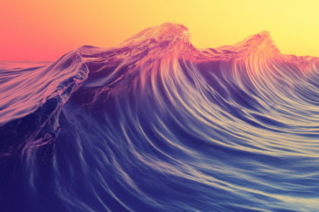 Waves swirl gracefully in the twilight, reflecting hues of orange and purple against the water surface.の写真素材
