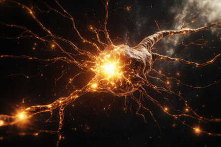 A neuron is depicted with bright, vibrant connections on a dark background, highlighting its complexity.の写真素材