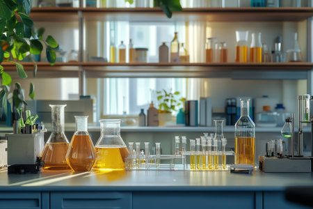 Bright laboratory with glassware containing colorful substances and plants in the background.の写真素材