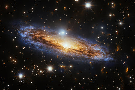 A stunning spiral galaxy glows with bright stars in the vastness of deep space, showcasing cosmic wonders.の写真素材