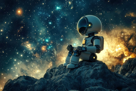 A small robot sits on a rocky terrain, observing vast galaxies and glowing stars in space.の写真素材