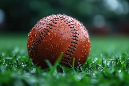 A soaked baseball lies on vibrant grass, glistening with raindrops after a recent downpour.の写真素材