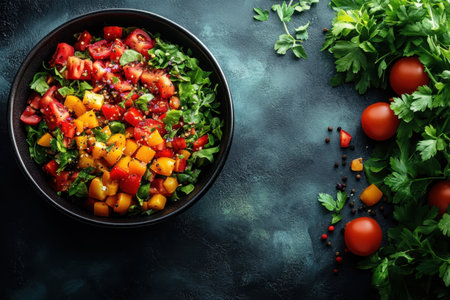 A vibrant salad featuring chopped tomatoes, mango, and fresh herbs on a dark table.の写真素材