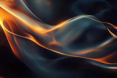 Soft curves of light in shades of orange and blue blend harmoniously against a dark backdrop, creating beauty.の写真素材