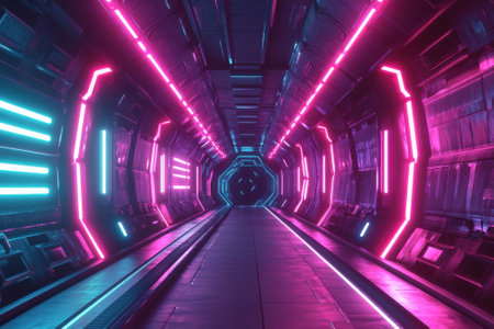 A glowing corridor lined with bright neon lights creates an immersive sci-fi atmosphere at night.の写真素材