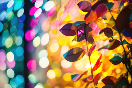 Vibrant leaves blend with colorful lights, creating an enchanting atmosphere during a celebration.の写真素材