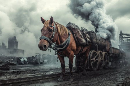 A horse stands near a coal wagon amidst an industrial area filled with smoke and machinery.の写真素材