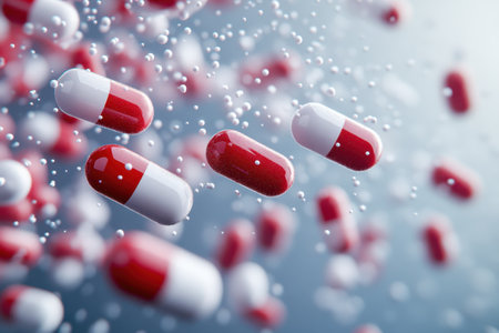 Red and white capsules are suspended in a clear liquid with bubbles surrounding them, illustrating pharmaceuticals.の写真素材