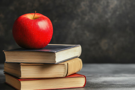 A bright red apple sits on top of three stacked books, creating a warm, inviting atmosphere perfect for study.の写真素材