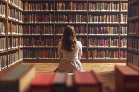 A person sits cross-legged in a library, deeply focused on the surroundings filled with countless books.の写真素材