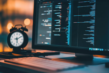 A programmer works late at night, focusing on code displayed on their computer screen with a clock beside them.の写真素材