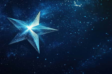 A large, radiant star illuminates the dark cosmos, surrounded by countless twinkling lights in the background.の写真素材