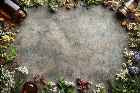 Fresh herbs and colorful flowers surround glass bottles on a textured stone background, showing nature's bounty.の写真素材