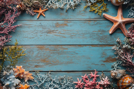 A collection of vibrant corals and seashells is displayed on a blue wooden backdrop, creating a coastal atmosphere.の写真素材