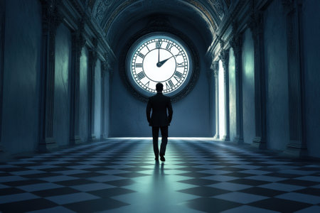 A mysterious figure approaches a large clock in a grand hall, illuminated by soft light at dusk.の写真素材