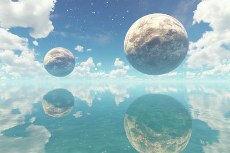 Two large celestial bodies hover above calm water, reflecting in the serene surface with fluffy clouds above.の写真素材