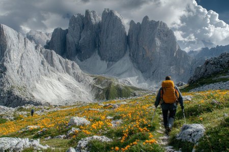 A hiker walks along a trail adorned with wildflowers, surrounded by towering mountains under dramatic clouds.の写真素材