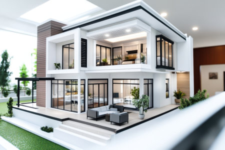 A detailed architectural model displays a contemporary two-story house with large windows and a garden.の写真素材