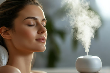 A woman enjoys a calming moment while aromatherapy diffuses fragrant steam in a serene spa setting.の写真素材
