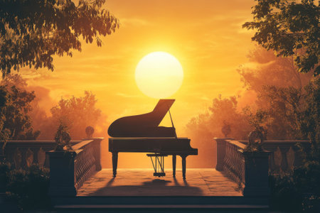 A stunning grand piano sits on a terrace as the sun sets behind lush trees, creating a peaceful atmosphere.の写真素材