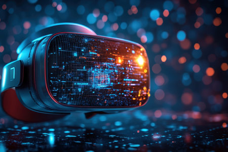 A high-tech virtual reality headset displays vibrant graphics surrounded by colorful digital particles.の写真素材