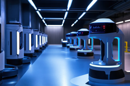 Advanced robotic machines lined up in a modern warehouse, illuminated by blue and white lights.の写真素材