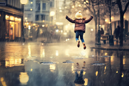 A child in winter clothing leaps into puddles, splashing water under city lights during a rainy evening.の写真素材