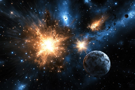 A breathtaking cosmic event showcases brilliant explosions amidst swirling galaxies and planets.の写真素材