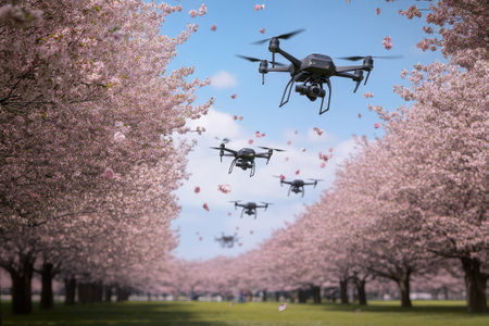 Drones capture stunning views among blooming cherry trees during a clear spring afternoon.の写真素材
