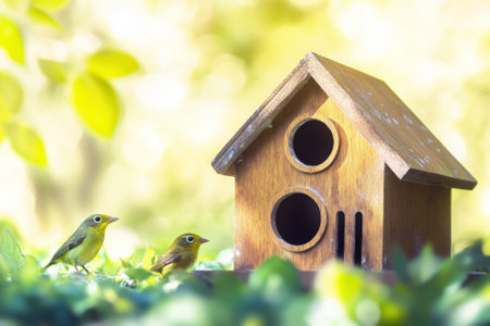Two small birds interact near a handcrafted birdhouse surrounded by lush greenery on a sunny day.の写真素材