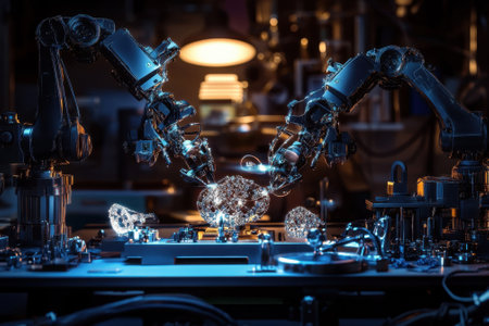 Robotic arms meticulously create delicate glass sculptures in a softly illuminated workshop filled with tools.の写真素材